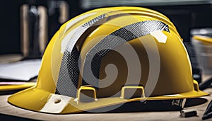 yellow helmet on the table, construction equipments on the table, building helmet background