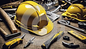 yellow helmet on the table, construction equipments on the table, building helmet background