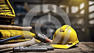 yellow helmet on the table, construction equipments on the table, building helmet background