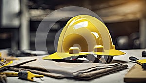 yellow helmet on the table, construction equipments on the table, building helmet background