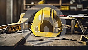 yellow helmet on the table, construction equipments on the table, building helmet background