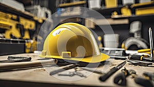 yellow helmet on the table, construction equipments on the table, building helmet background