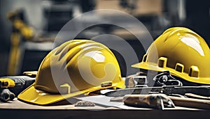 yellow helmet on the table, construction equipments on the table, building helmet background