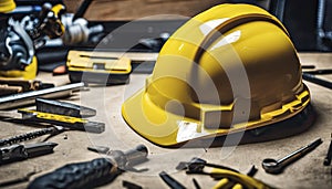 yellow helmet on the table, construction equipments on the table, building helmet background