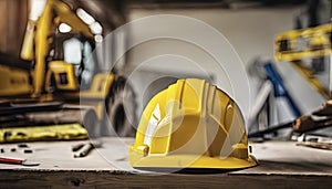 yellow helmet on the table, construction equipments on the table, building helmet background