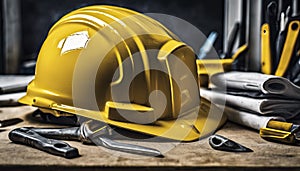 yellow helmet on the table, construction equipments on the table, building helmet background