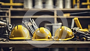 yellow helmet on the table, construction equipments on the table, building helmet background