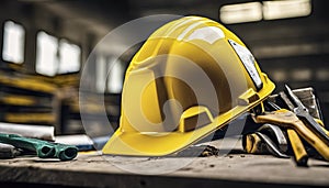 yellow helmet on the table, construction equipments on the table, building helmet background