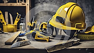 yellow helmet on the table, construction equipments on the table, building helmet background