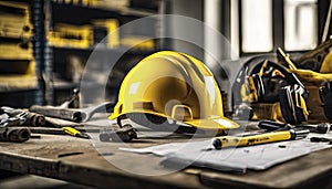 yellow helmet on the table, construction equipments on the table, building helmet background