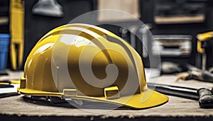 yellow helmet on the table, construction equipments on the table, building helmet background