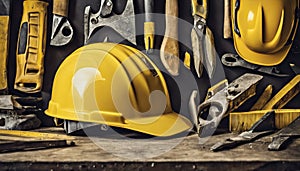 yellow helmet on the table, construction equipments on the table, building helmet background