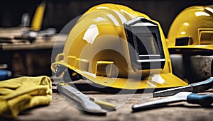 yellow helmet on the table, construction equipments on the table, building helmet background