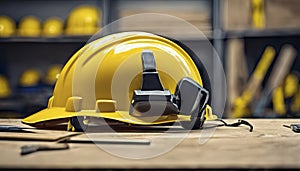 yellow helmet on the table, construction equipments on the table, building helmet background