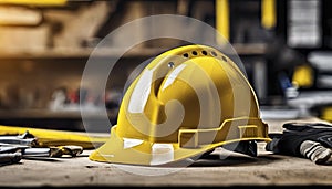 yellow helmet on the table, construction equipments on the table, building helmet background