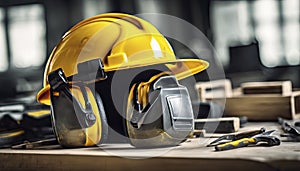 yellow helmet on the table, construction equipments on the table, building helmet background