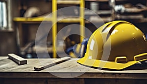 yellow helmet on the table, construction equipments on the table, building helmet background