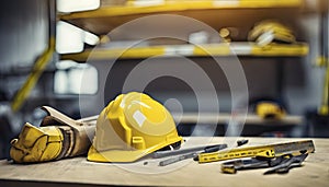 yellow helmet on the table, construction equipments on the table, building helmet background