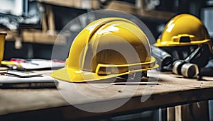 yellow helmet on the table, construction equipments on the table, building helmet background