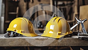 yellow helmet on the table, construction equipments on the table, building helmet background