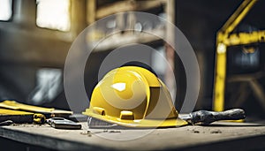 yellow helmet on the table, construction equipments on the table, building helmet background