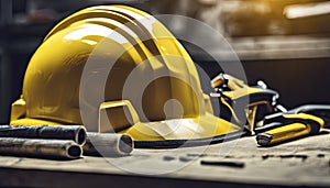 yellow helmet on the table, construction equipments on the table, building helmet background