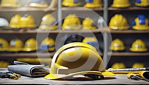 yellow helmet on the table, construction equipments on the table, building helmet background