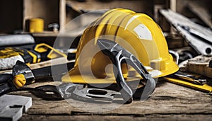 yellow helmet on the table, construction equipments on the table, building helmet background
