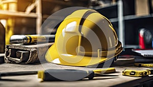 yellow helmet on the table, construction equipments on the table, building helmet background