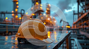 yellow helmet on a table in front, with an oil and gas plant in the background, blurred, in the style of sunset light.