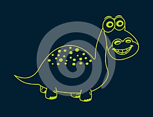 Yellow herbivorous dinosaur with spots and big smile on a dark poster background