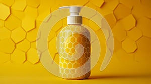 Yellow hexagonal patterned bottle against a honeycomb textured background photo