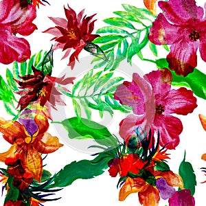 Yellow Hibiscus Decor. Pink Flower Decor. Purple Watercolor Decor. Red Floral Leaves. Colorful Seamless Backdrop. Green Pattern De