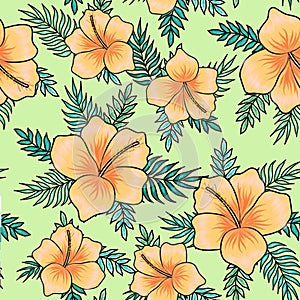 Yellow hibiscus flowers with palm tree leaves seamless pattern on green background. Great for spring and summer