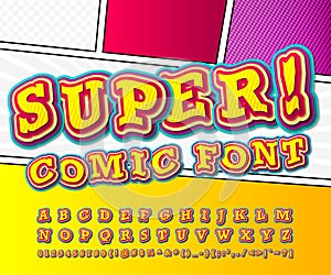 Yellow high detail comic font, alphabet. Comics, pop art