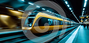 Yellow high-speed train moving on underground platform with motion blur