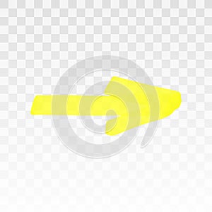 Yellow highlighter arrow isolated on transparent background. Marker pen highlight underline strokes. Vector hand drawn
