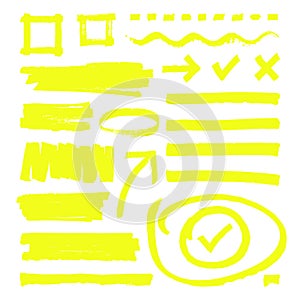 Yellow highlighter lines, arrows and frame boxes with grunge texture isolated vector stock