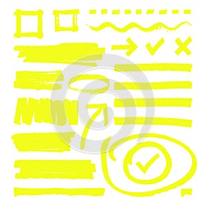 Yellow highlighter lines, arrows and frame boxes with grunge texture isolated vector stock photo