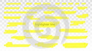 Yellow highlighter lines set isolated on transparent background. Marker pen highlight underline strokes. Vector hand