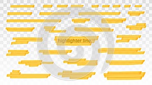 Yellow highlighter lines set isolated on transparent background. Marker pen highlight underline strokes. Vector hand