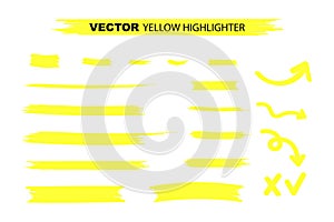 Yellow Highlighter Marker Strokes. Yellow watercolor hand drawn highlight set. Vector stock illustration