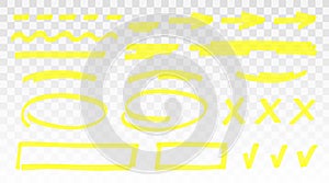 Yellow highlighter set - lines, arrows, crosses, check, oval, rectangle isolated on transparent background. Marker pen