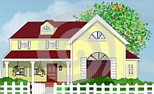 Yellow Home House With Tree and White Picket Fence