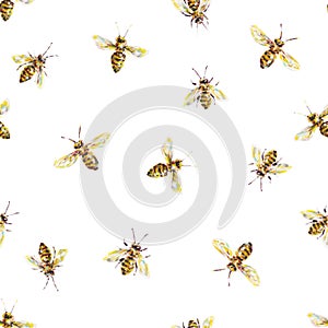 Yellow honey bees on a white background. Acrylic painting. Insects bee art. Handwork. Seamless pattern