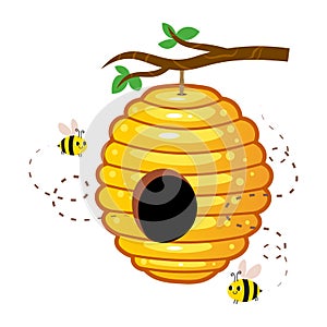 Yellow honey hive with cute bees hanging on a tree branch vector image. Cartoon illustration isolated on white background