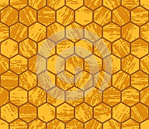 Yellow honey hive honeycombs, grunge pattern. Hexagonal cells seamless texture. Vector illustration