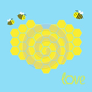 Yellow honeycomb set in shape of heart. Bee insect. Beehive element. Honey icon. Love greeting card. Isolated. Blue background.