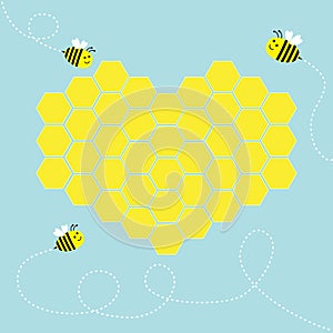 Yellow honeycomb set in shape of heart. Cute cartoon bee. Dash line in the sky. Beehive element. Honey icon. Love greeting card.