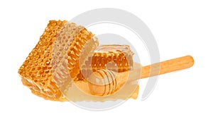 Yellow Honeycomb slice closeup isolated on white background